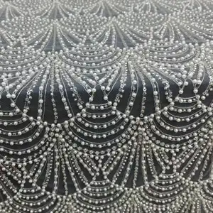 新款2024定制奢华白色珍珠重串珠蕾丝面料薄纱