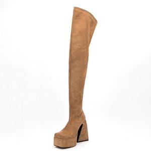 2022 New Flock Upper Long Square Toe Thick High Heel Shoes <b>Boot</b> Leisure Over Knee High Women Stretch <b>Boots</b> Platform Size 45 - Product Image 1