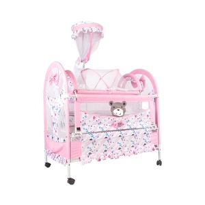Princess Style Baby Bed with Fabric Upholstery Metal Frame <b>Roller</b> Storage Layer Foldable Design for Babies - Product Image 2