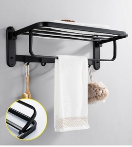 Étagère de salle de bain murale en fer noir avec barre porte-serviettes et crochets, un seul niveau, finition thermolaquée, design minimaliste - Product Image 1