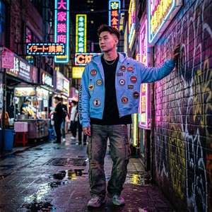 Blouson à capuche zippé pour homme bleu clair multi-patchs tendance 2026, style vintage déchiré, streetwear, esthétique Y2K Cyber - Product Image 4