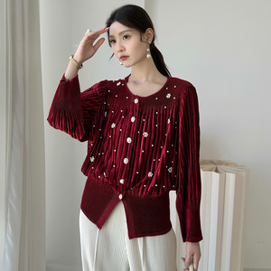 Ultima Collezione 2026: Top e <span class=keywords><strong>Cardigan</strong></span> Plissettati Miyake, Elegante T-Shirt Casual con Ricami e Perline, Moda Tecnica per il Tempo Libero, Camicetta da Donna - Product Image 2
