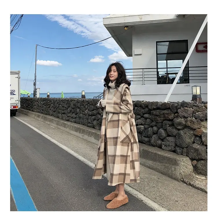 Japanese Plaid One Size Overcoat For Women Winter Hoodie Jersey Belt Coat
