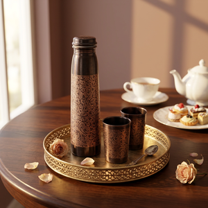 Bouteille en cuivre gravée ayurvédique avec bouteille en verre de 300 ml et bouteille en cuivre pur artisanale avec ensemble en verre, étanche - Product Image 1