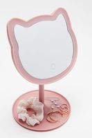 Cermin Meja Kamar Mandi Berlampu LED dengan Bingkai Kaca Bercahaya Kartun Pink, Cermin Kucing, Cermin Rias