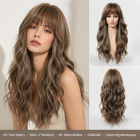 Perruque synthétique longue ondulée effet mouillé avec frange, mèches caramel châtain cendré, résistante à la chaleur, effet naturel, pour femme, directement de l'usine