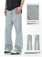 Jeans amples YOFA personnalisés pour hommes 100 % coton avec broderie radiale toile d'araignée, style streetwear décontracté, pantalon en denim tendance OEM