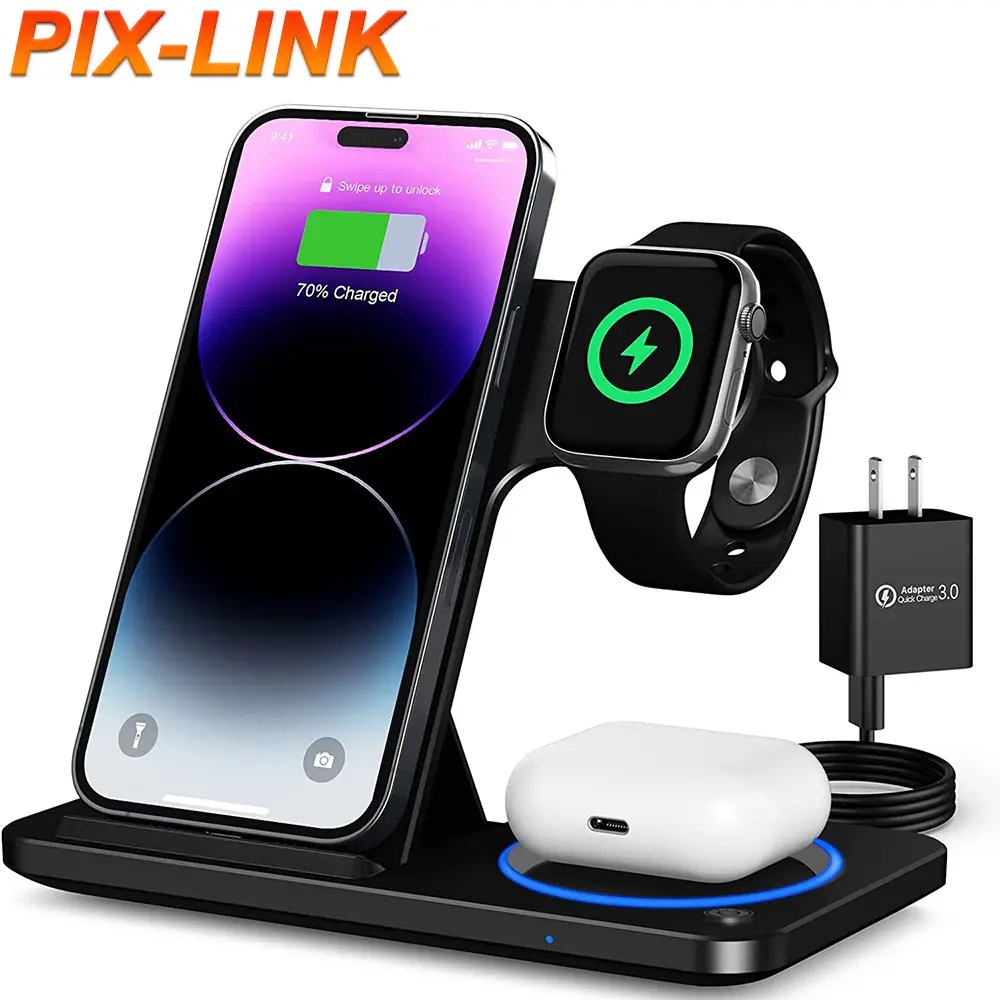 PIX-LINK Support de chargeur sans fil pliable Support de chargeur de téléphone portable sans fil de bureau 3 en 1 pour Iphone Apple Emballage personnalisé