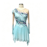 Robe de patinage et de danse dégradé bleu clair pour enfants et adultes, en maille transparente à manches longues, avec dos orné de fleurs et de paillettes, pour spectacle de patinage artistique