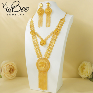 Collar Largo Personalizado Chapado en Oro Brasileño de 18K, Joyería Árabe para Novia, Aretes con Borlas, Conjuntos de Joyería para Bodas y Fiestas - Product Image 1