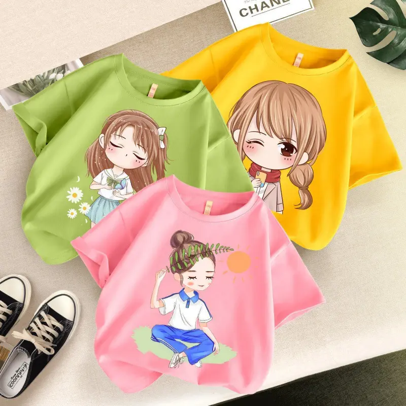 New tops for girls Short-sleeved girls t-shirts Cartoon print cheap t-shirts tops 3pcs set children t-shirts