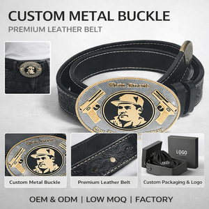ヨーゴーベルト カスタム ウェスタン カウボーイスタイル 亜鉛合金オーバルベルトバックル ブラックスタンプロゴ入り レザーベルト メンズ用 低MOQ - Product Image 1