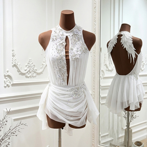 ชุดเต้นรำลีริคอลประดับคริสตัลสีขาว แบบไม่มีแขน คอ halter ชุดบัลเลต์ร่วมสมัยสำหรับการแสดงบนเวทีระดับมืออาชีพ กระโปรงเลอทาร์ด - Product Image 3
