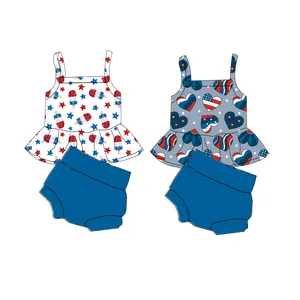 Custom Children Girls Fourth July Outfit Baby Girls Tank Peplum Bummies Clothing Set