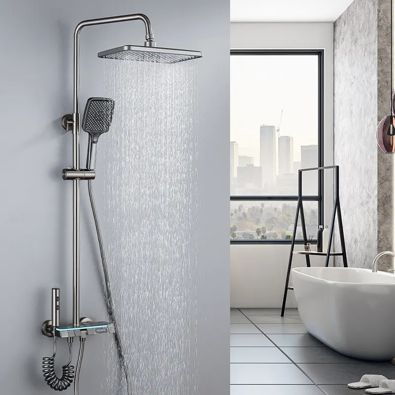 Lüks siyah piyano duş musluk sistemi mikser banyo seti tavan sıcak soğuk çelik duş paneli masaj spa duş seti sistemleri