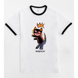 T-shirt Basquicat blanc avec bordure noire, imprimé artistique, vêtements décontractés unisexes - Product Image 1