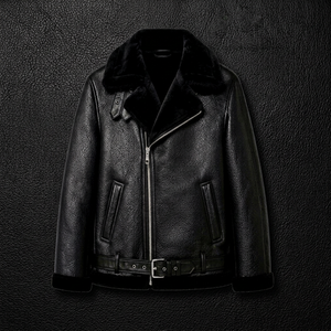 Veste en cuir pour homme, coupe ajustée, col rabattu avec fermeture éclair en fausse fourrure - Product Image 1