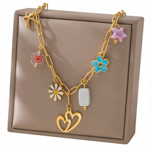 18K Gold Plated Stainless Steel Charm Pendant Necklace Waterdrop Shell <b>Heart</b> Flower Link Chain for Women Gift R - Product Image 1