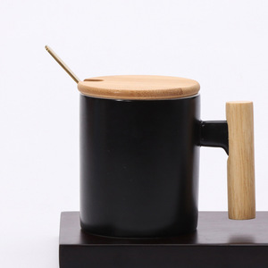 <b>Ceramic</b> Mug Set With Wooden Handle Solid Color Four Piece Coffee Tea <b>Cup</b> Gift For Events - Product Image 3