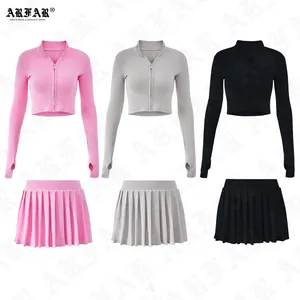 Lounge Wear Sets Long Sleeved Crop Top Women's Sets Sport Wear Solid Custom Logo Pleated Skirt Set