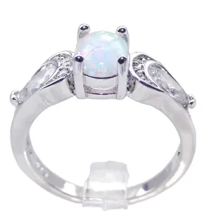 Opal CZ Diamond Halo 18K White Gold Engagement Ring Antique Vintage Women Bridal Jewelry