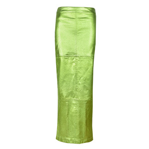 Nouvelle <span class=keywords><strong>jupe</strong></span> en <span class=keywords><strong>cuir</strong></span> vert à fente arrière avec fermeture éclair latérale, design tendance pour femmes, <span class=keywords><strong>jupe</strong></span> longue métallique Y2K - Product Image 6