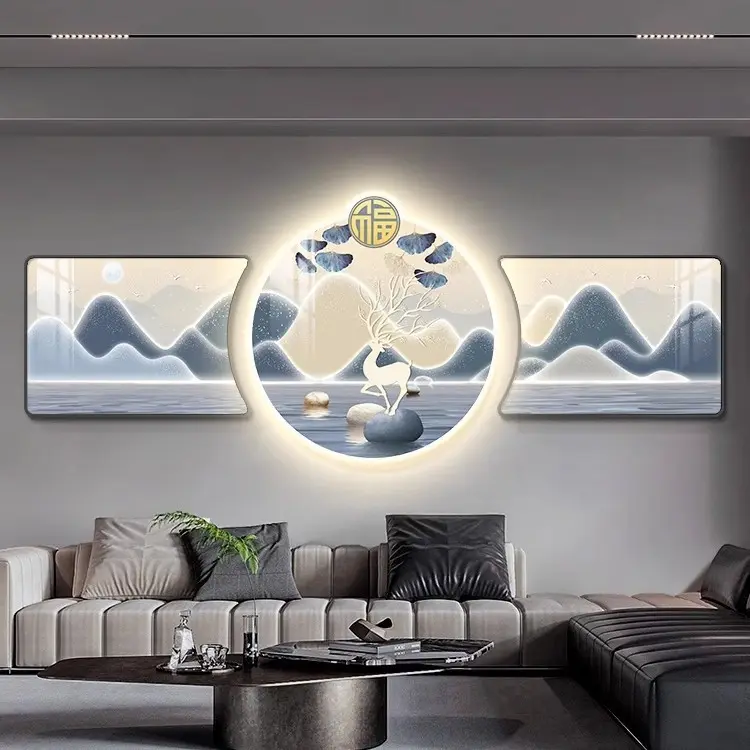 Pintura decorativa de parede com luz LED de fundo triplo para sala de estar moderna em estilo chinês novo de fábrica