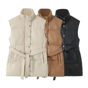 2023 autumn new European and American women's street belt waistcoat stand collar imitation leather cotton vest