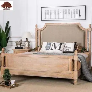 King Queen Double Design Bedroom Furniture Fabric American Style Wooden Bed Solid Wood Bed