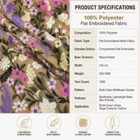 Tissu en polyester à broderie plate, tricoté chaîne, tulle à broderie florale informatisée pour robe de mariée et costume de scène