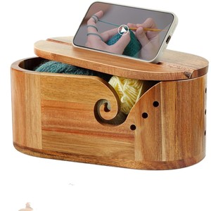 Wooden Oval Yarn Bowl With Lid Phone Stand Storage Box For <b>Crochet</b> <b>Hooks</b> Needlework Desktop Organizer Solid Color - Product Image 5