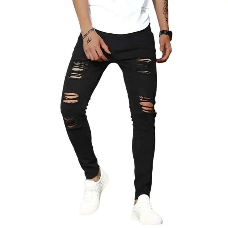 Spring Summer OEM Customized Popular Black Color Denim Ripped Solid Skinny Mens Jeans
