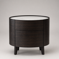 Table de chevet moderne écologique et durable avec plateau en pierre frittée, placage bois, 2 tiroirs, finition espresso fumé, rails à fermeture douce, pour hôtel