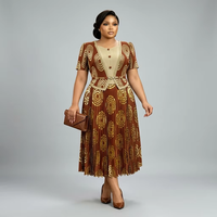 Robe Midi Plissée de Soirée Élégante à Taille Empire, Imprimé Anneaux Concentriques Dorés, Haute Élasticité, Courte, Collection Source Factory