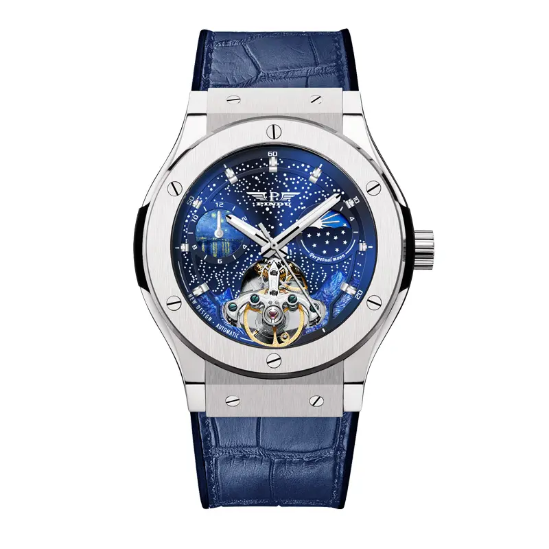 Pindu Herren Luxus Armbanduhr Edelstahl Multifunktion aler Tag 24 Stunden Datum Mondphase Leder Silikon Automatische Mechanische Uhr