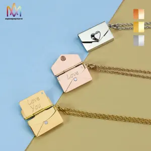 New Fashion Laser Engraved 3 Colors Stainless Steel Envelope Locket Pendant Necklace With Litter Heart Ornament