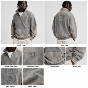 เสื้อฮู้ดโอเวอร์ไซส์ OEM Demi Zip สำหรับผู้ชาย แบบมีฮู้ด คอปกโปโล สั่งทำพิเศษ ล้างสีแบบ Acid Wash หนัก 560 กรัม สไตล์วินเทจ ซีดจาง ขาดๆ แบบดิสเทรส - Product Image 3