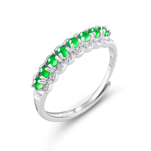 S925 <b>silver</b> <b>ring</b> <b>set</b> with natural A-grade jadeite of yonglv ice type. Fashion men's <b>ring</b>, women's style, adjustable design. - Product Image 1