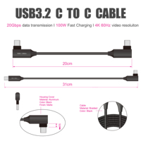 Câble USB 3.2 Type C Justlink 20 Gbps 100 W Charge Rapide Angle Droit 90 Degrés 4K 60 Hz en Alliage d'Aluminium Tressé pour Ordinateur Portable et Téléphone