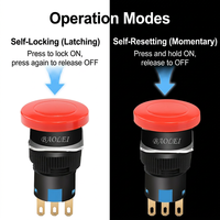 Tombol daya LA16-11M model kepala jamur, sakelar momentary self-reset dengan penguncian otomatis dan lampu, ukuran 16mm