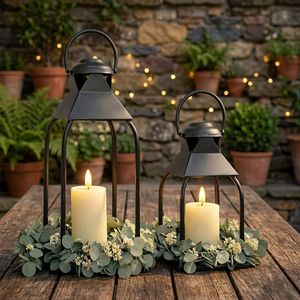<b>Black</b> Metal Candle Lantern Set of 2 Iron Candle Holder Minimalist Indoor Outdoor Decor for Wedding Home Party Christmas Garden - Product Image 1