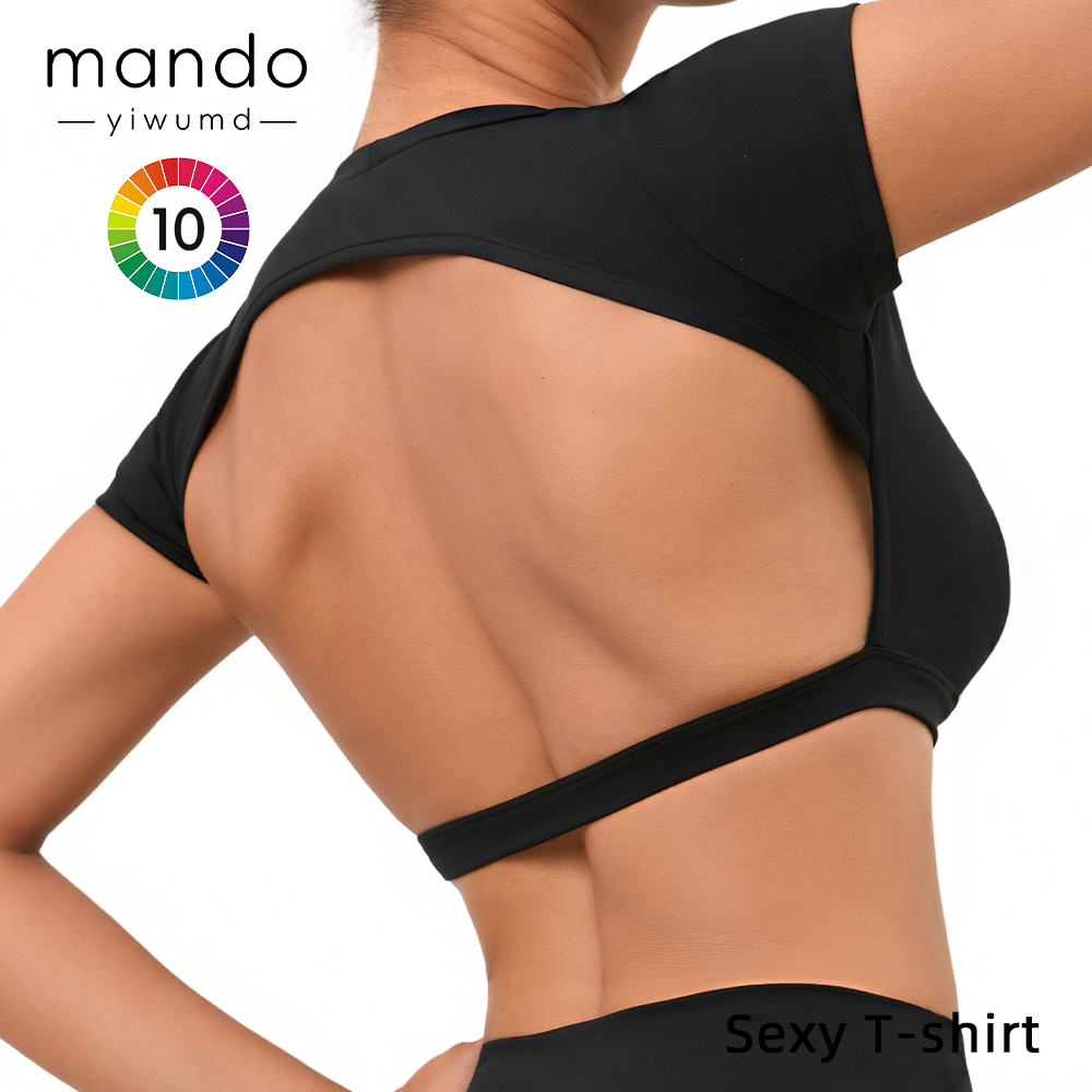 New Design Round Neck Short Sleeve Backless T-Shirt Women's Sexy Cropped Crop Top Summer Gym Sports Yoga Tops