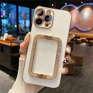 Korea 3D Crystal Square Holder Gold Plating Phone Case for iPhone 15 14 Pro Max 11 13 Pro 7 8 Plus 12 Pro 14 Cover
