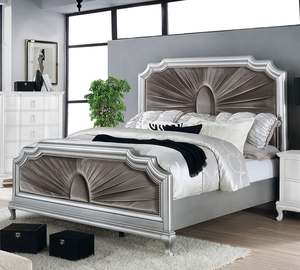 Juego de Muebles de Dormitorio de Madera de Diseño Moderno Americano, Estilo Clásico, Tapicería Plateada, Juego de Cama Queen de 5 Piezas - Product Image 1