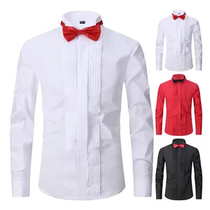 Gemelos franceses, camisas de boda blancas para hombres, camisas de vestir con pajarita de anfitrión, camisas de rendimiento ajustadas para hombres