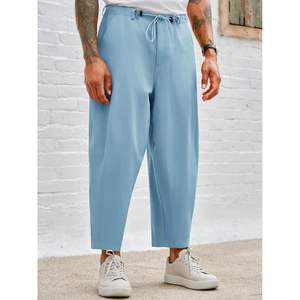 2025กางเกงคาปรีผ้าฝ้ายผู้ชายกางเกงขาสั้น3/4ทรงหลวมผ้าชิโนชายหาดมีเชือกผูกปรับแต่งโลโก้ได้ซักสีได้สำหรับฤดูร้อน - Product Image 4