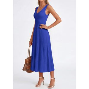 Vestido midi plisado sin mangas con cuello en V para mujer, informal, línea A, tejido, transpirable, para trabajo, cóctel, boda, invitada. - Product Image 3