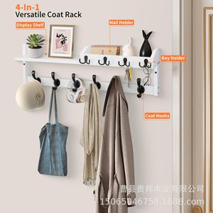 Wooden <b>Wall</b> <b>Mounted</b> <b>Shelf</b> With Hooks 2 Tier Solid Wood Storage Rack For Coat Key Hat Bedroom Entryway Organization - Product Image 5
