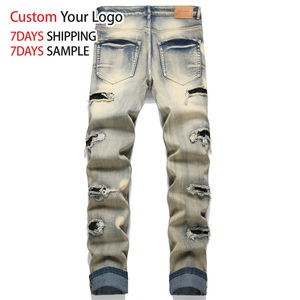 Jeans de Mezclilla Elásticos de Alta Calidad, Ajustados, Estilo Vintage Azul, Personalizados, Rectos, Desgastados, Ajustados para Hombre - Product Image 2