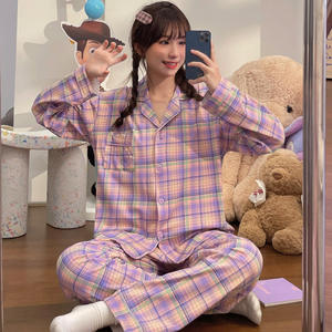 Ins Violet Plaid Pyjamas Printemps et Été Rétro Japonais Plaid Filles À L'extérieur Confortable Revers <span class=keywords><strong>Homewear</strong></span> - Product Image 4